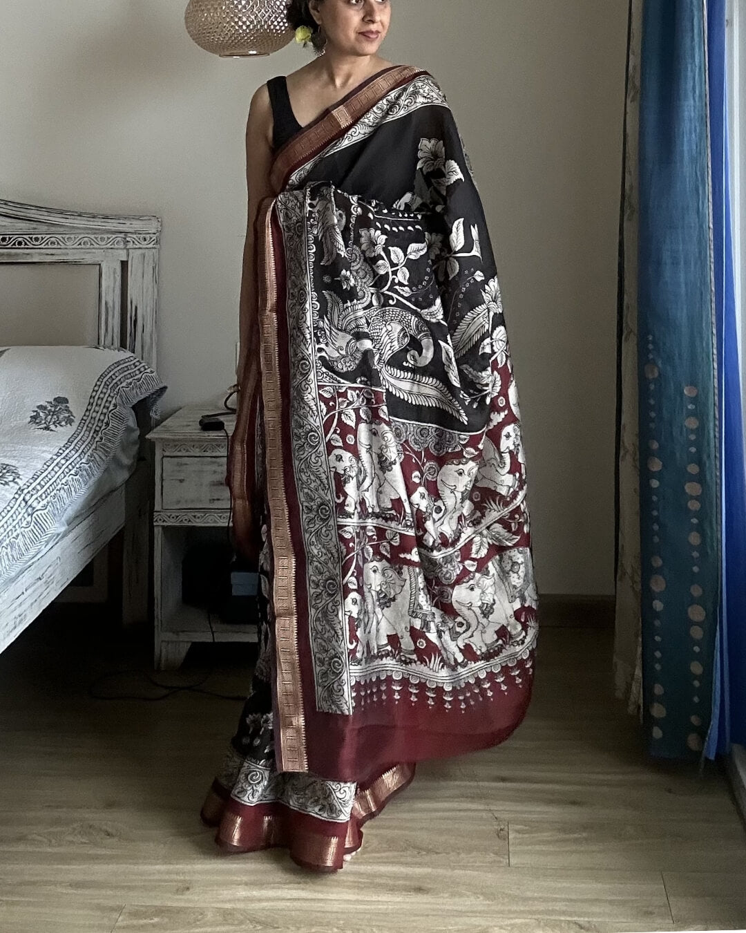 Black Kalamkari Maheshwari Cotton Saree