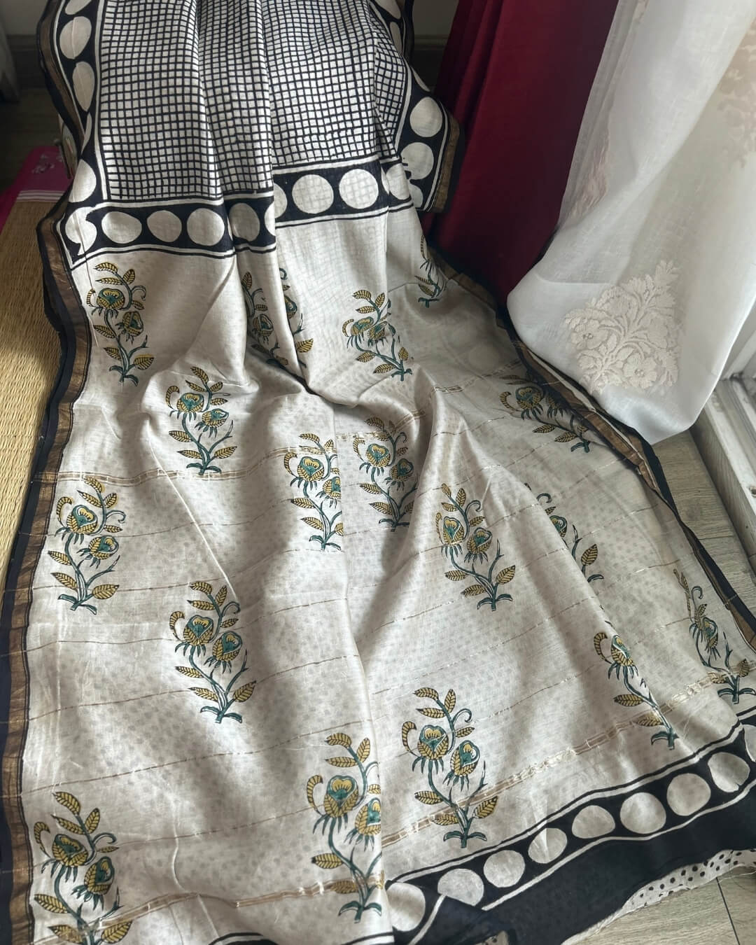 B&W Check retro circles Chanderi Cotton Saree