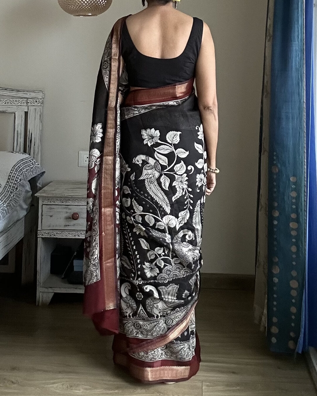 Black Kalamkari Maheshwari Cotton Saree
