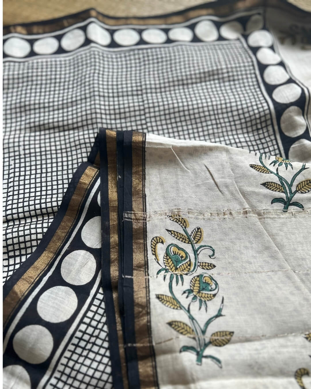 B&W Check retro circles Chanderi Cotton Saree