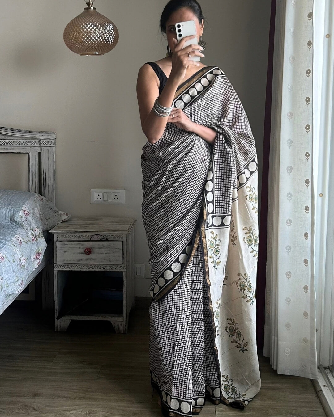 B&W Check retro circles Chanderi Cotton Saree
