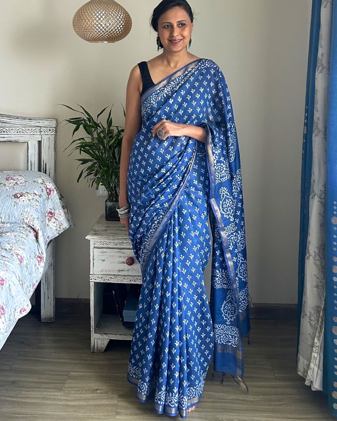 Neelima Indigo blue Block Printed Saree
