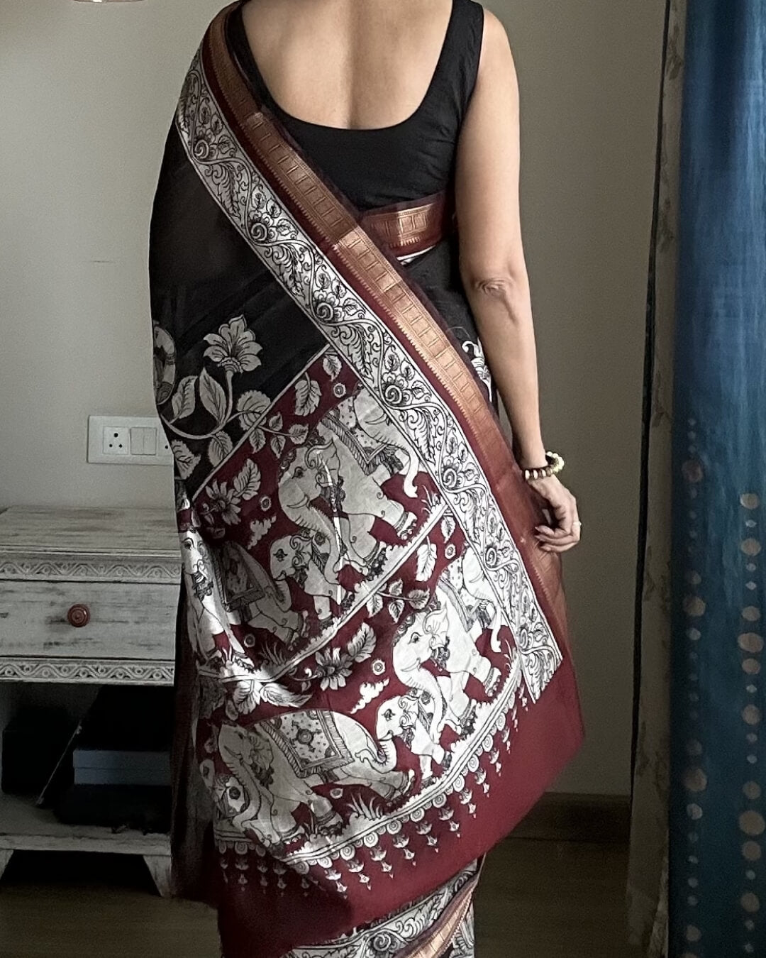 Black Kalamkari Maheshwari Cotton Saree