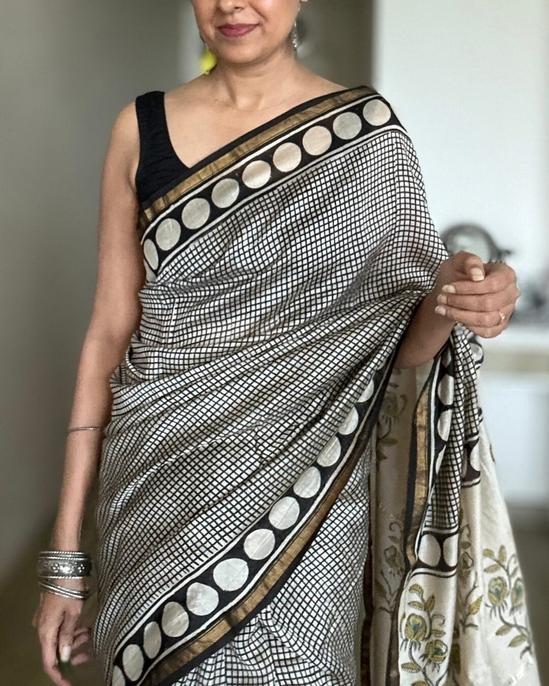 B&W Check retro circles Chanderi Cotton Saree