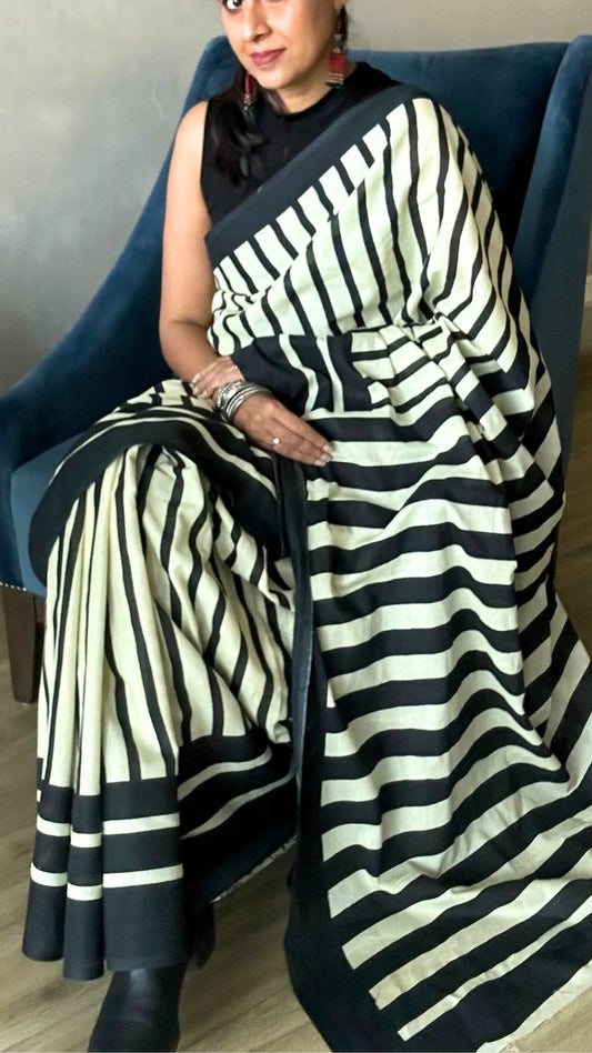 B&W stripe Mulmul Cotton Saree