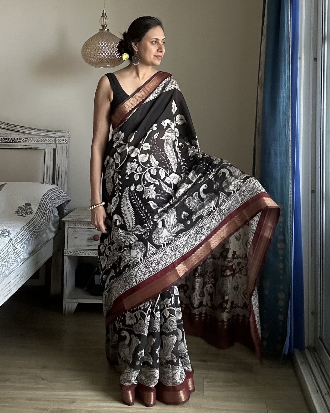 Black Kalamkari Maheshwari Cotton Saree
