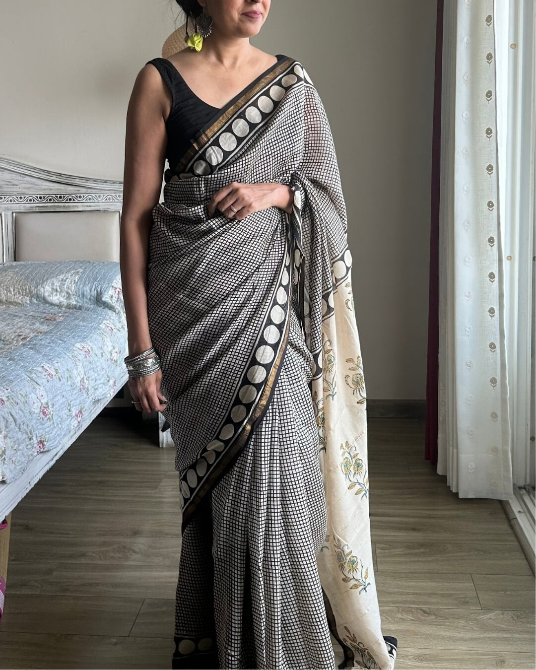 B&W Check retro circles Chanderi Cotton Saree