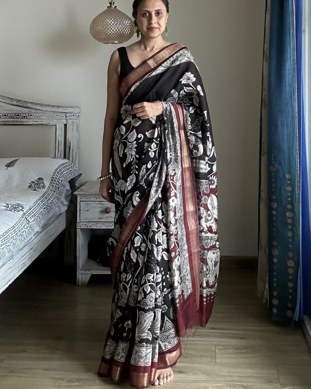 Black Kalamkari Maheshwari Cotton Saree