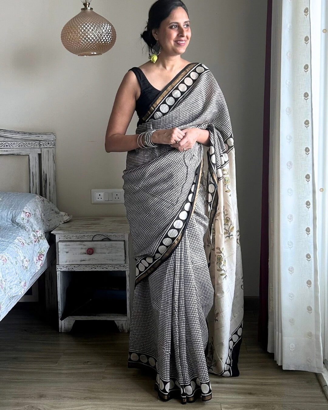 B&W Check retro circles Chanderi Cotton Saree