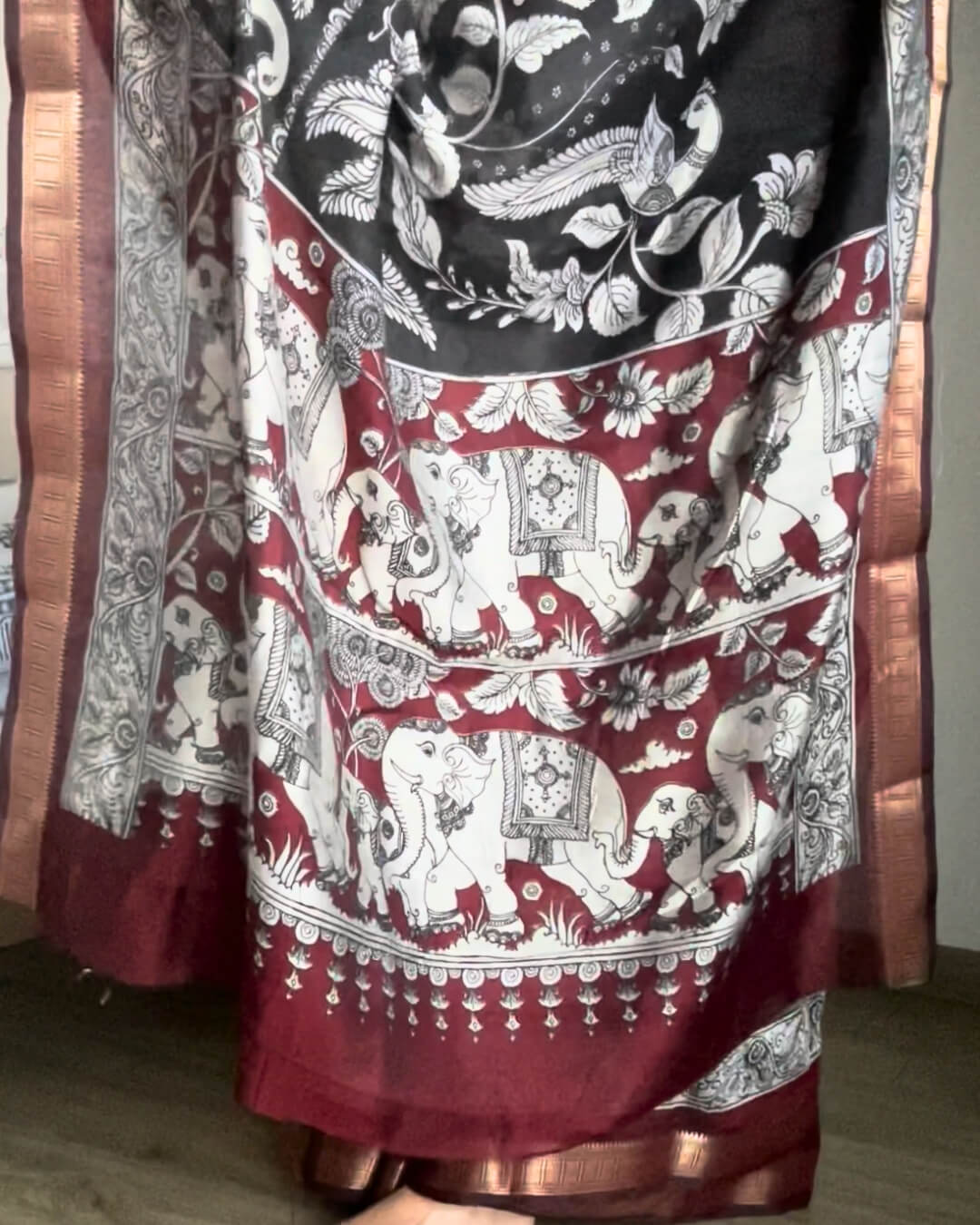 Black Kalamkari Maheshwari Cotton Saree