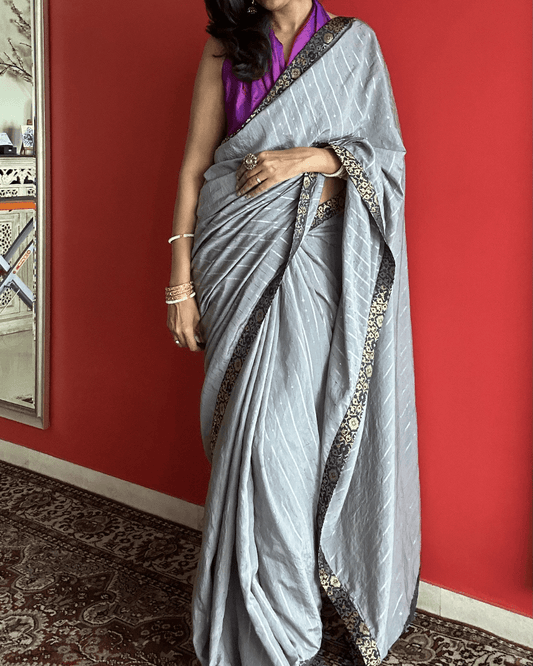 Charulata Grey Purple cotton chanderi saree