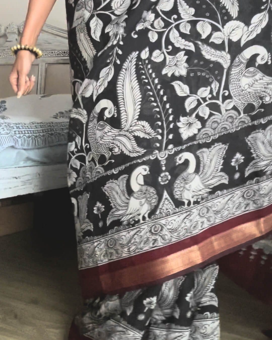 Black Kalamkari Maheshwari Cotton Saree