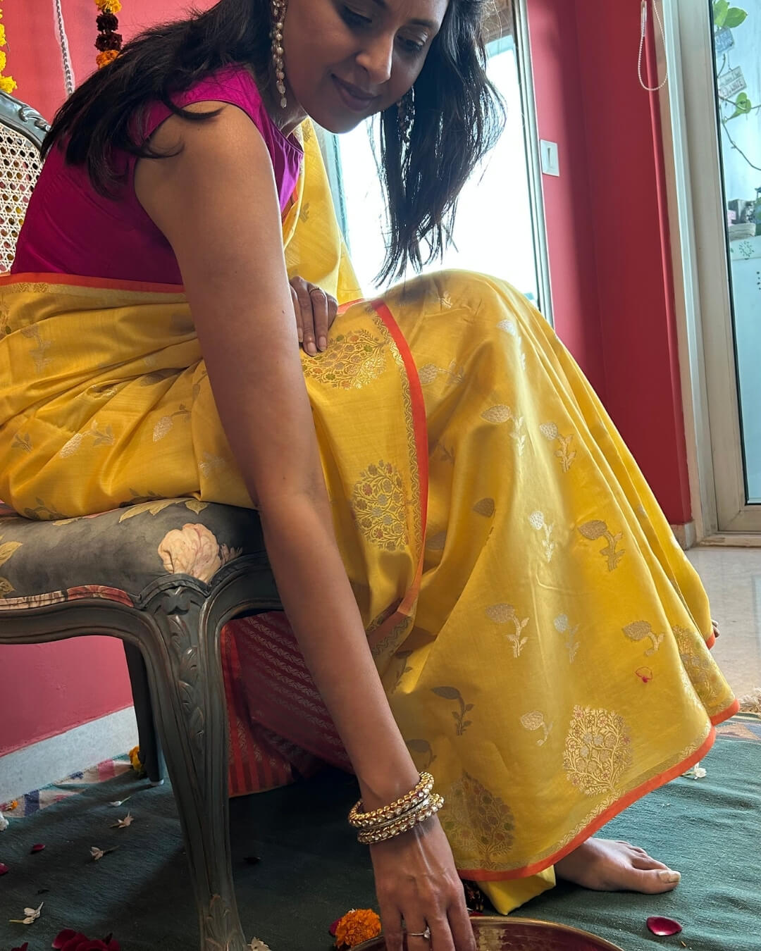 Marigold Yellow Meenakari Banarsi Saree