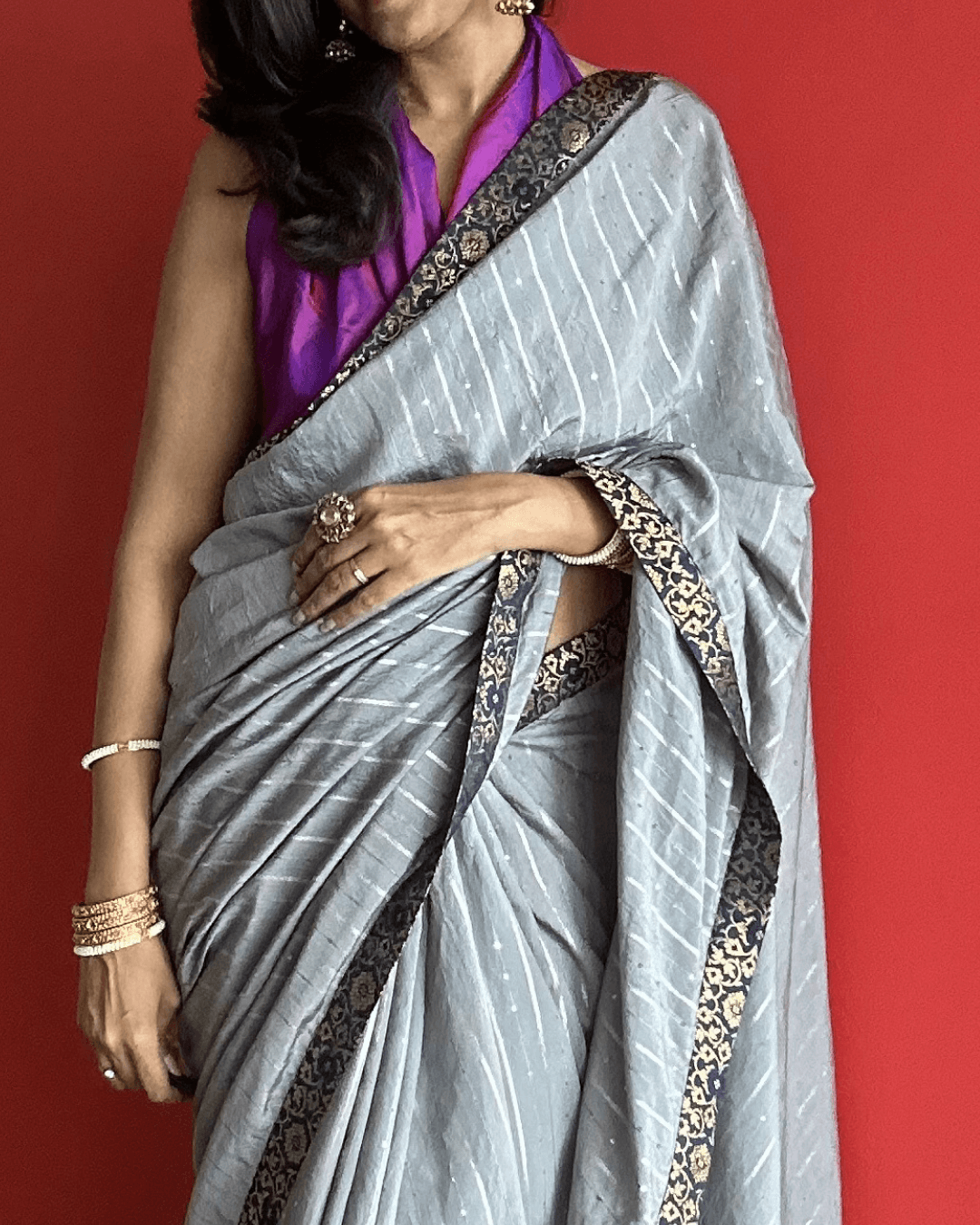 Charulata Grey Purple cotton chanderi saree