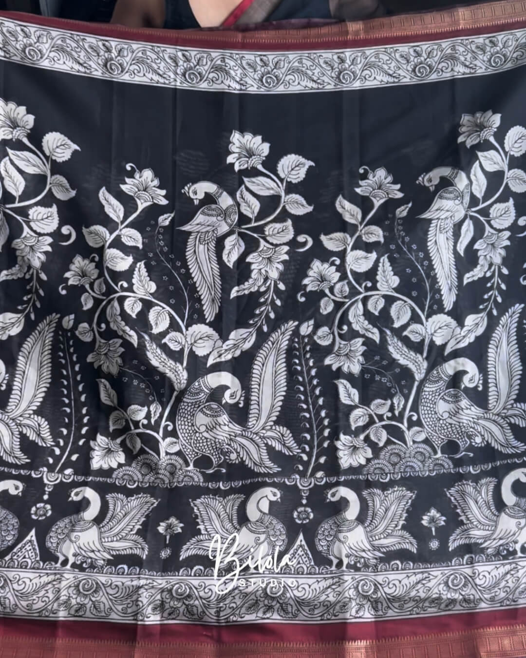 Black Kalamkari Maheshwari Cotton Saree