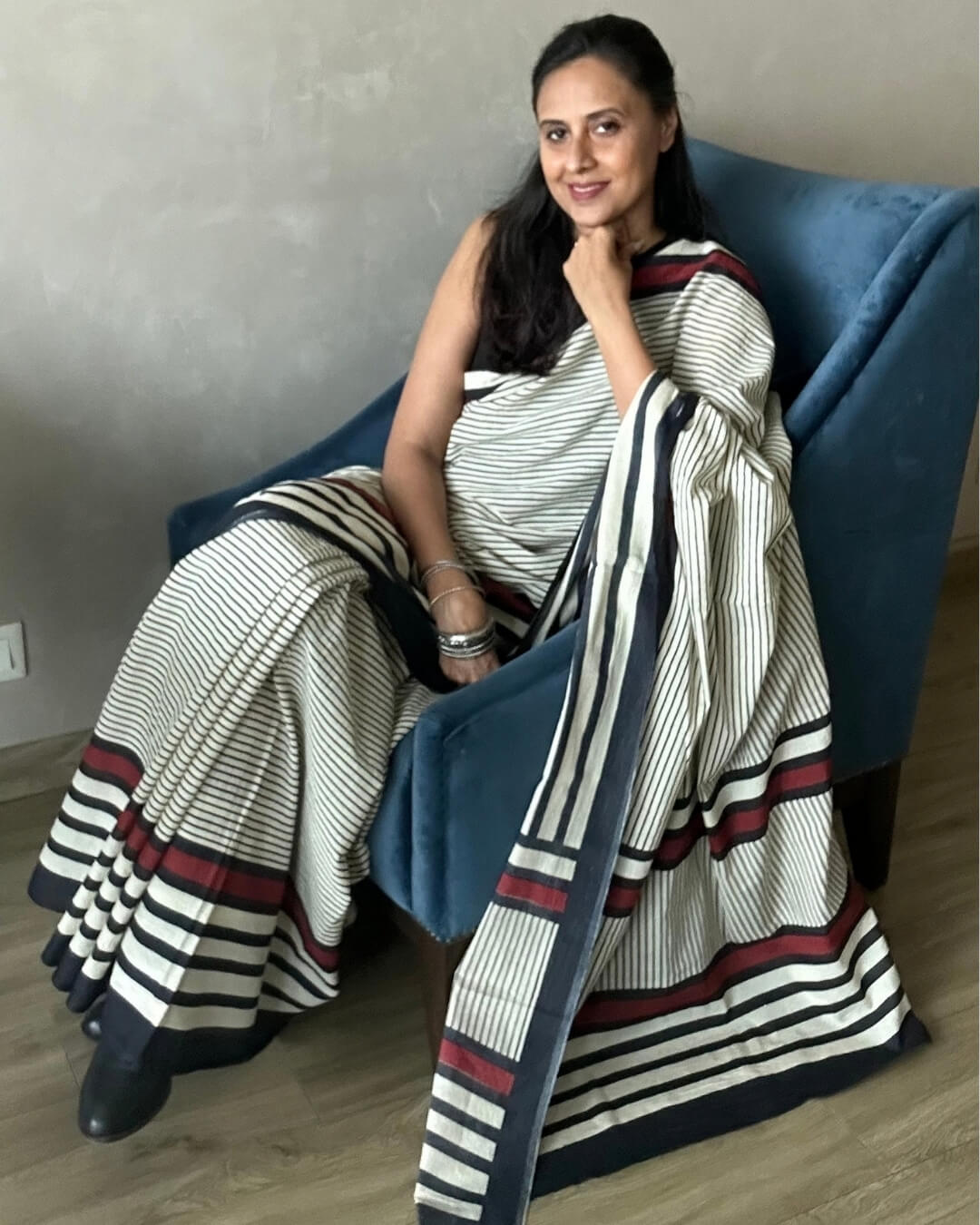 B&W +red stripe Mulmul Cotton Saree
