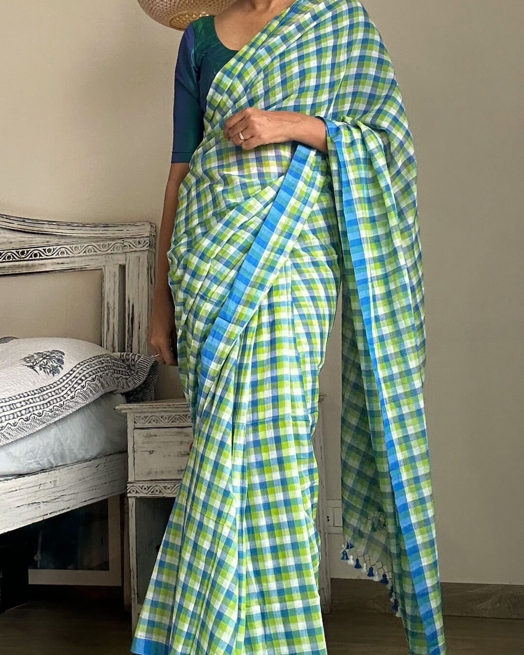 Blue Green Check Mulmul Saree
