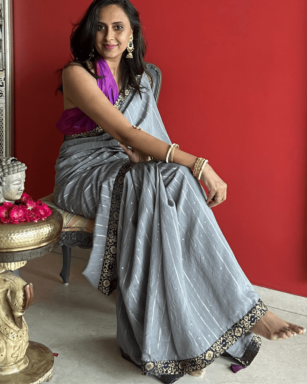 Charulata Grey Purple cotton chanderi saree