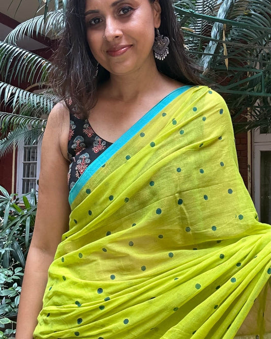 Lime Green Polka Mulmul Saree