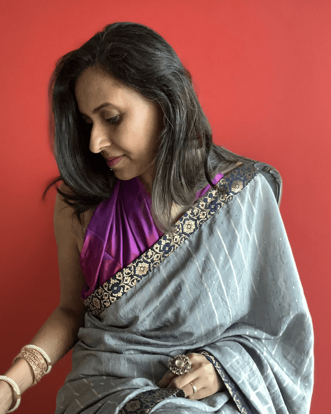 Charulata Grey Purple cotton chanderi saree
