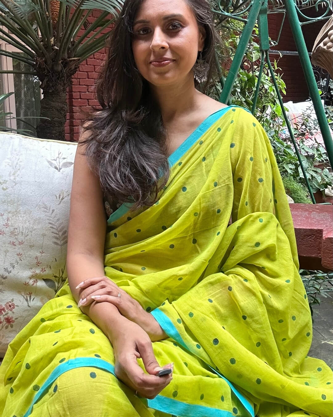 Lime Green Polka Mulmul Saree