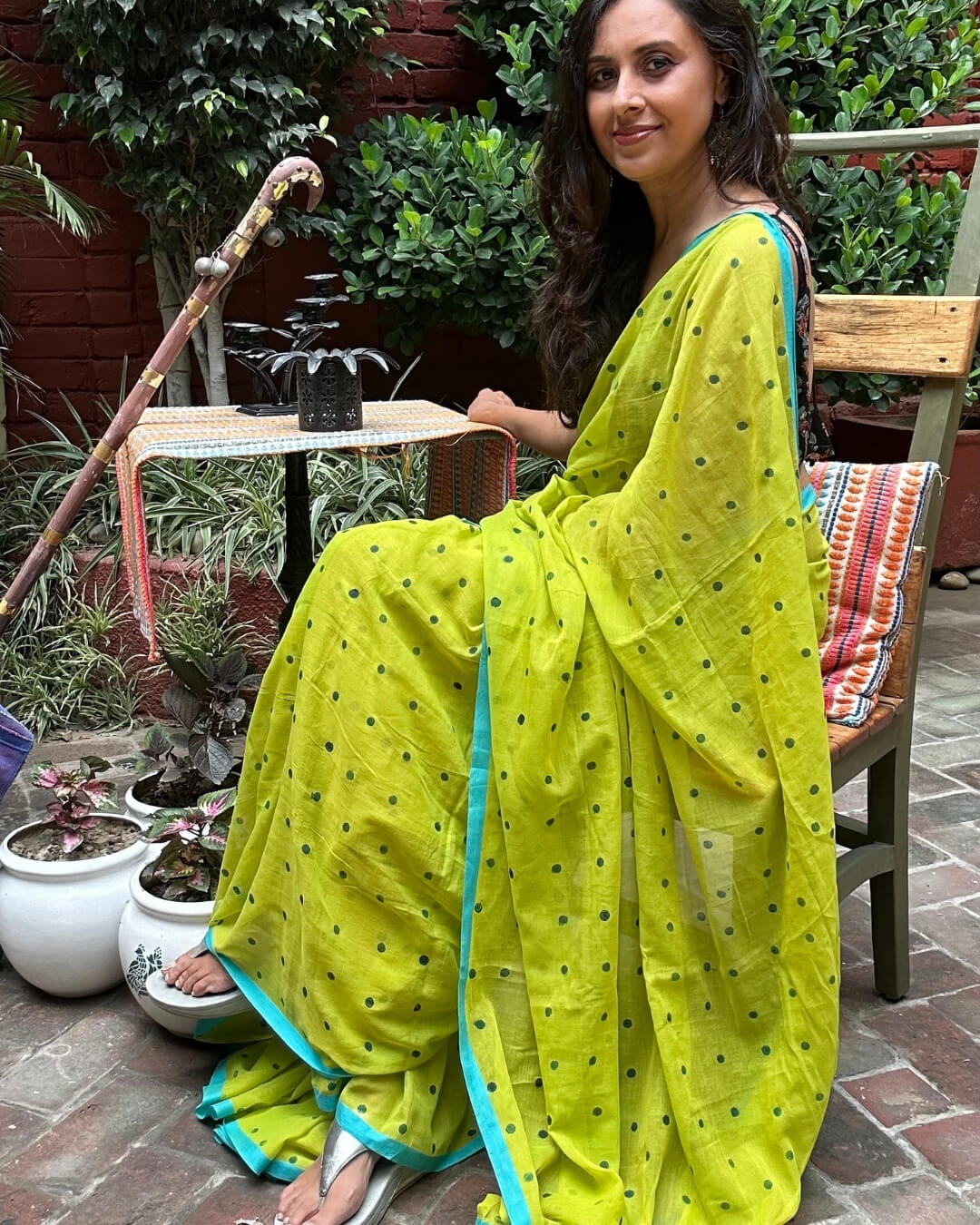 Lime Green Polka Mulmul Saree