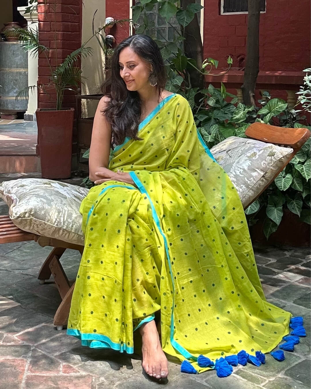 Lime Green Polka Mulmul Saree