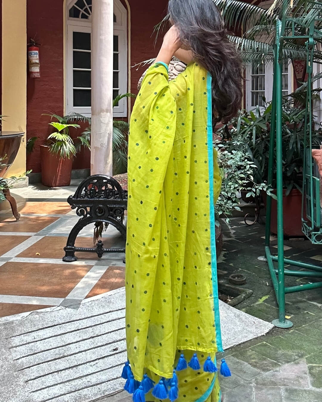 Lime Green Polka Mulmul Saree