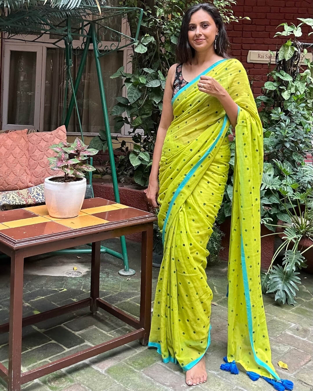 Lime Green Polka Mulmul Saree