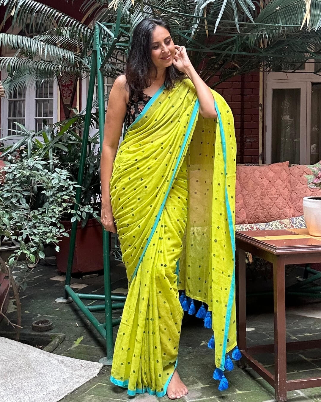 Lime Green Polka Mulmul Saree