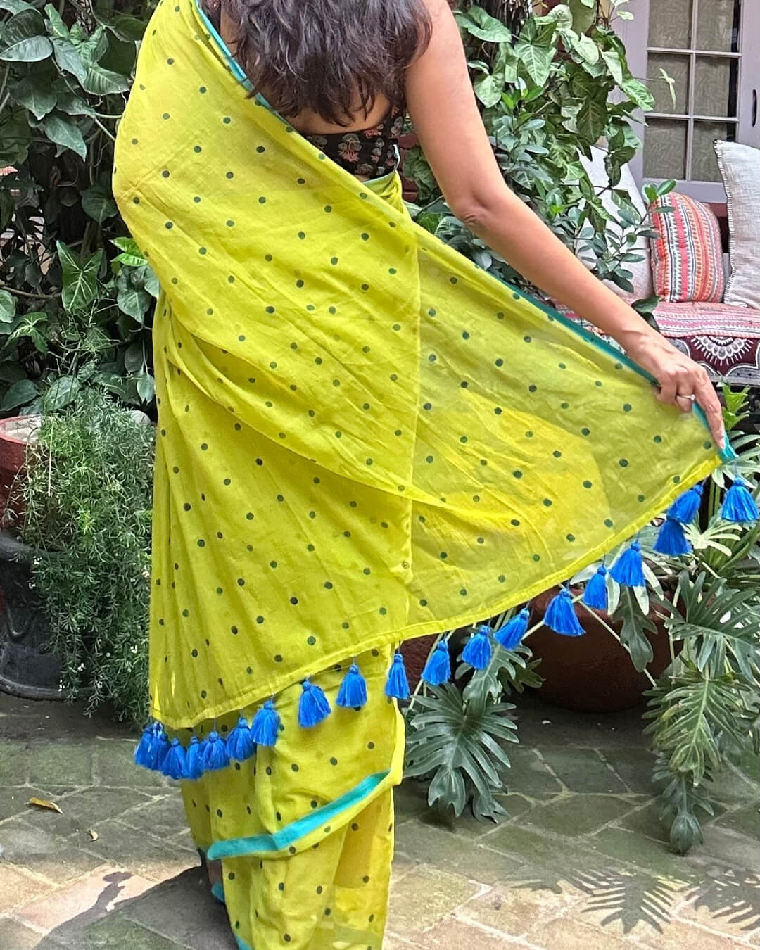 Lime Green Polka Mulmul Saree