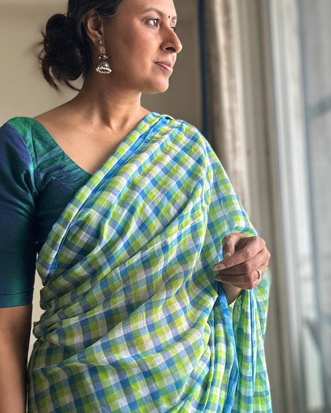Blue Green Check Mulmul Saree