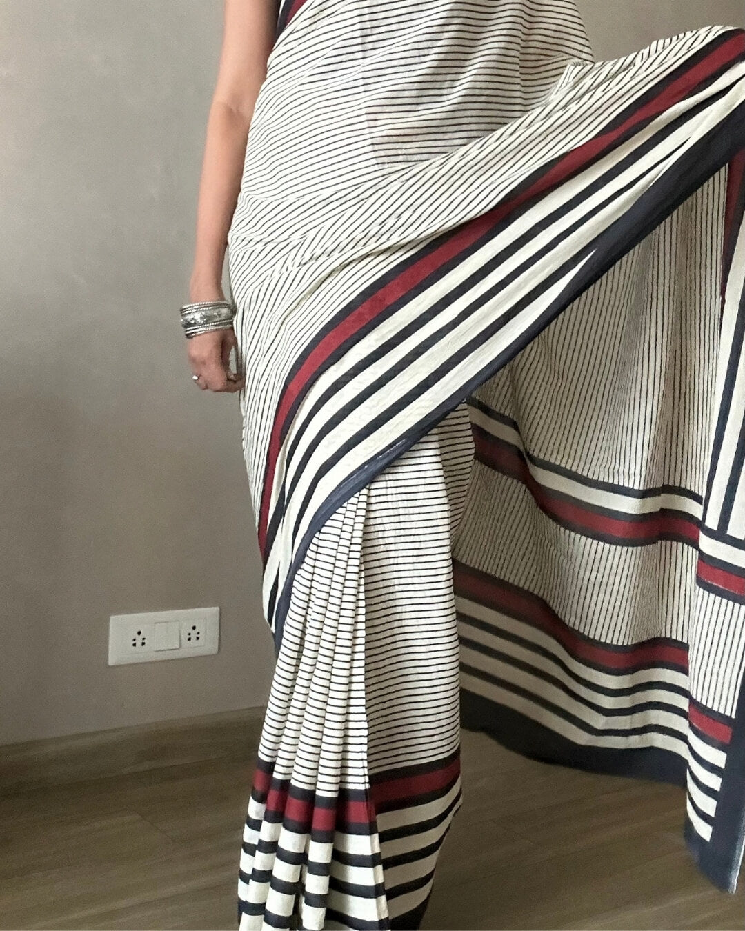 B&W +red stripe Mulmul Cotton Saree