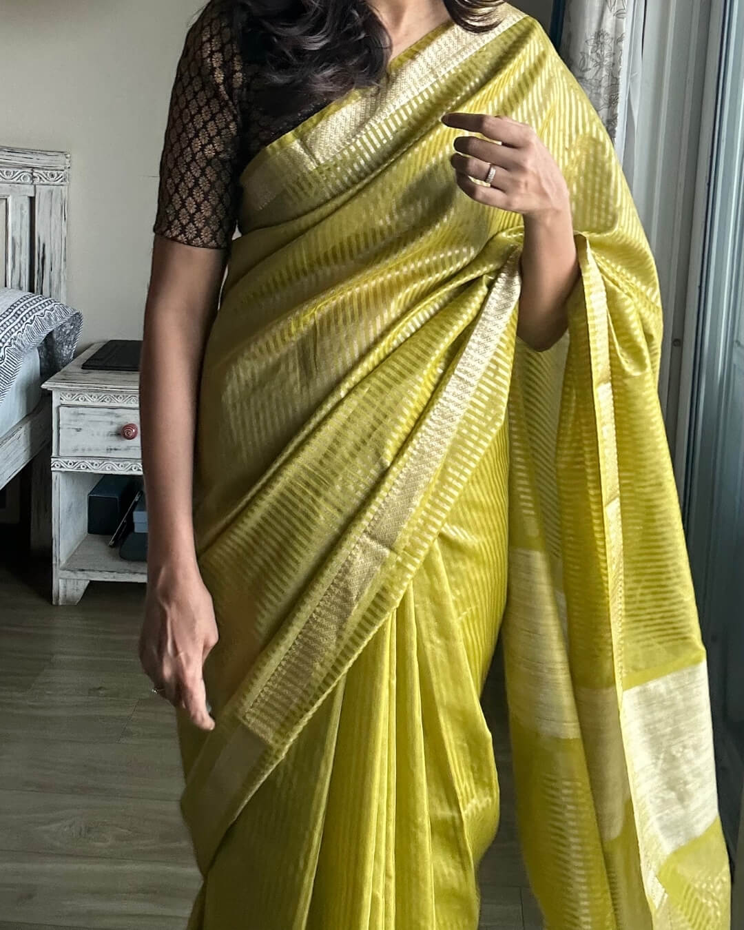 Leaf Green cotton zari stripe saree