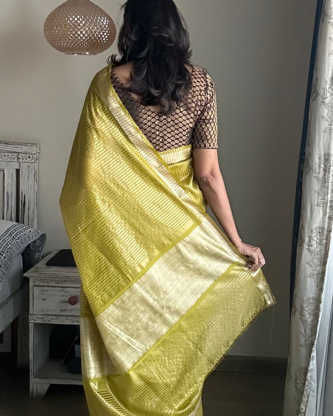 Leaf Green cotton zari stripe saree