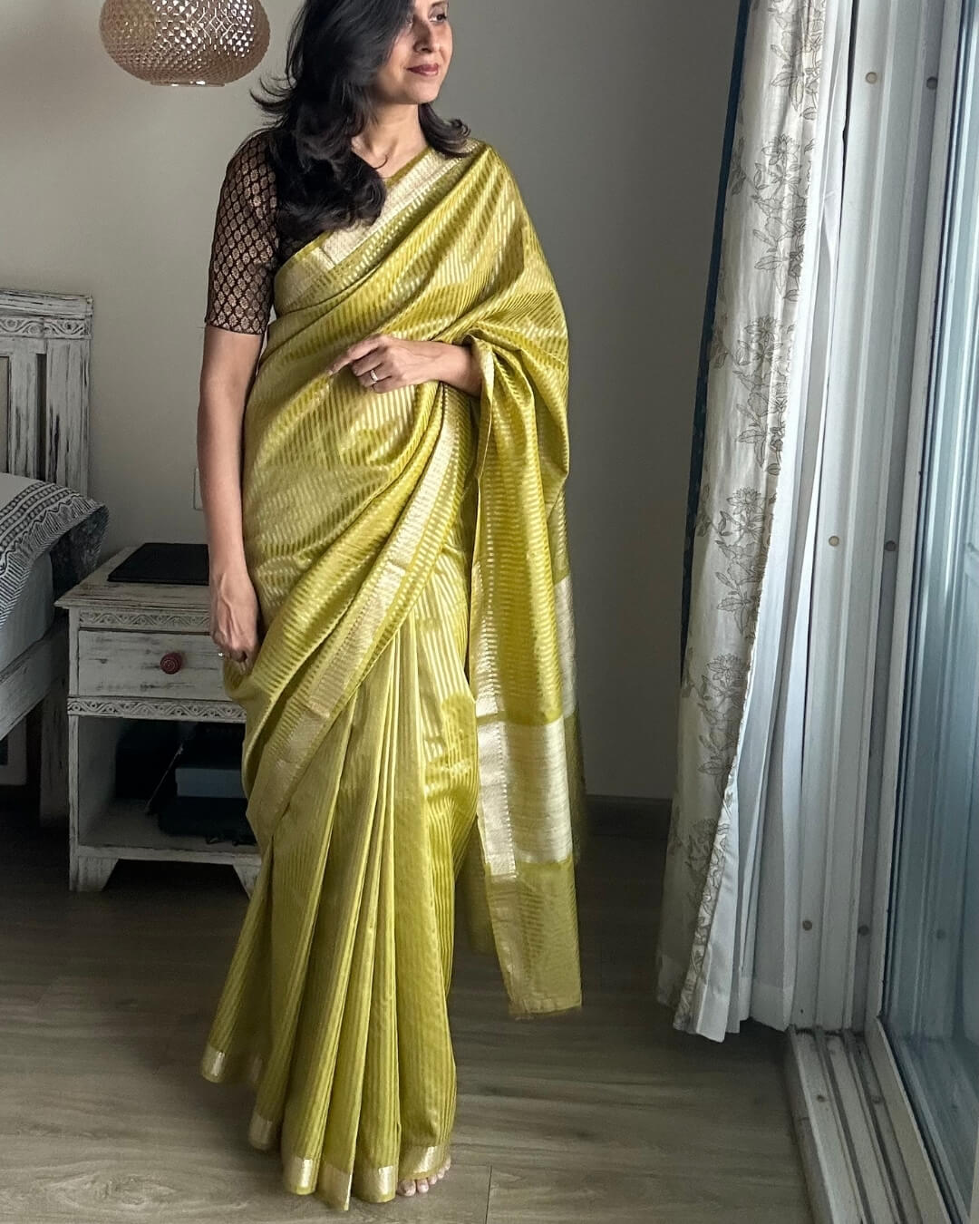 Leaf Green cotton zari stripe saree