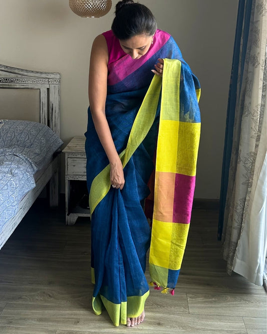 Lina Blue Pink Neon Green- Ganga Jamuna Linen Saree