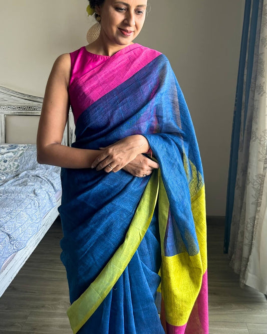 Lina Blue Pink Neon Green- Ganga Jamuna Linen Saree