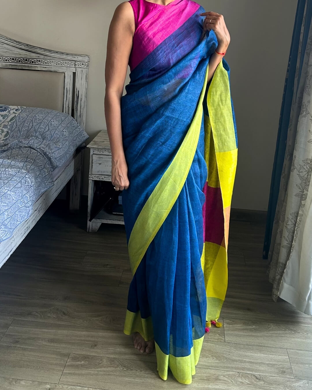 Lina Blue Pink Neon Green- Ganga Jamuna Linen Saree