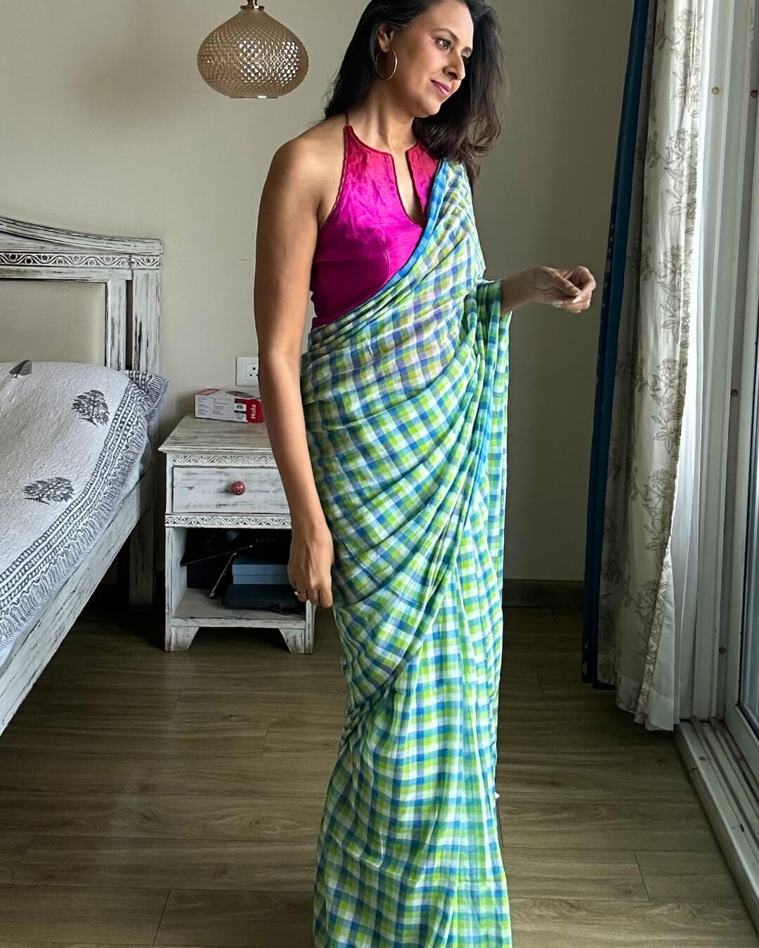 Blue Green Check Mulmul Saree