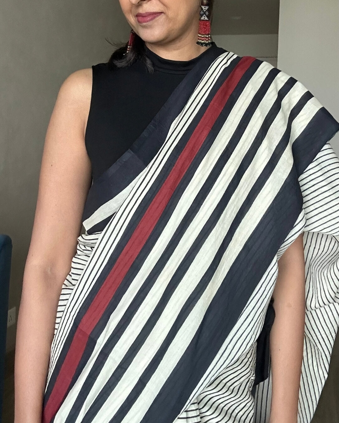 B&W +red stripe Mulmul Cotton Saree