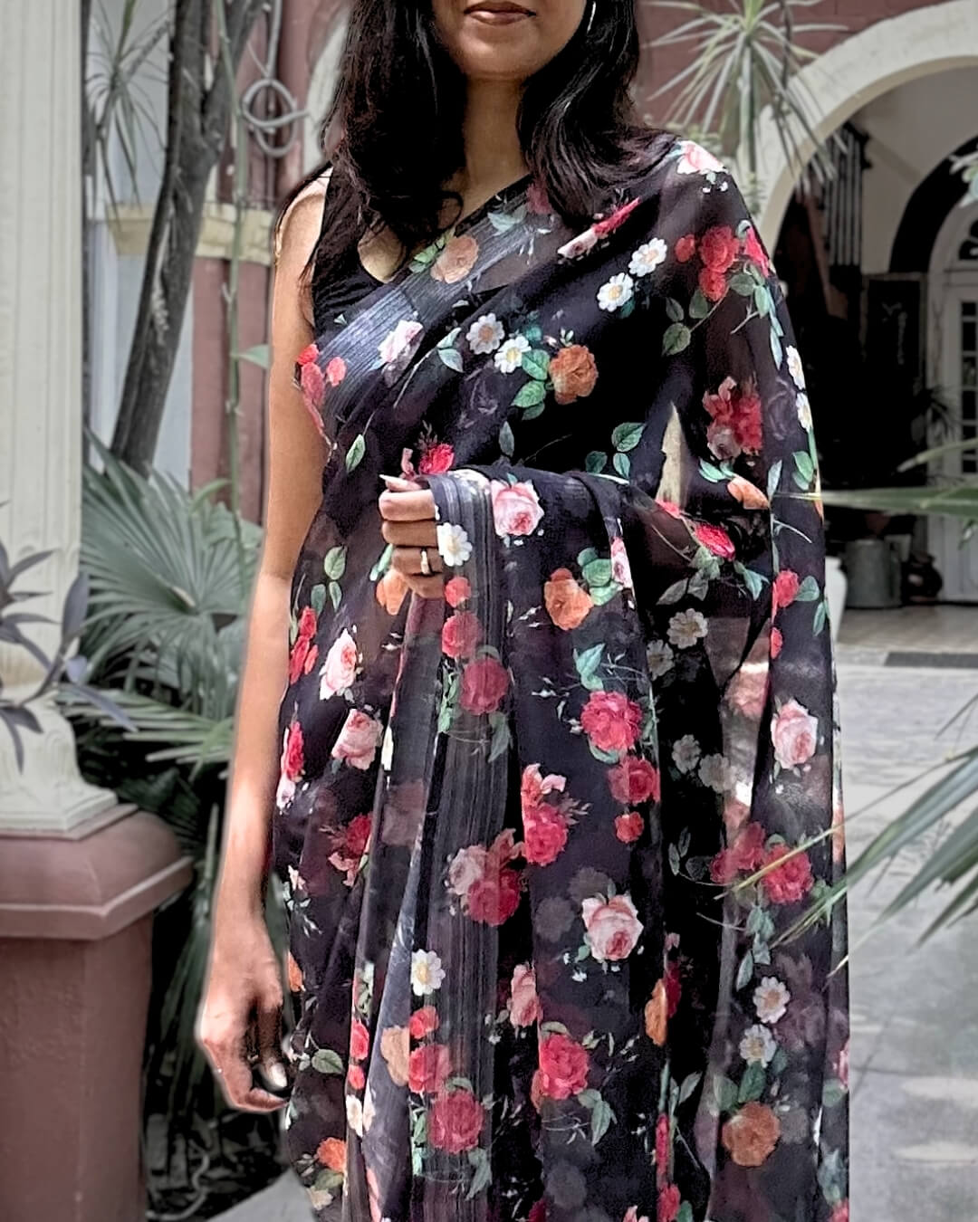 Roses Black Linen Cotton Saree