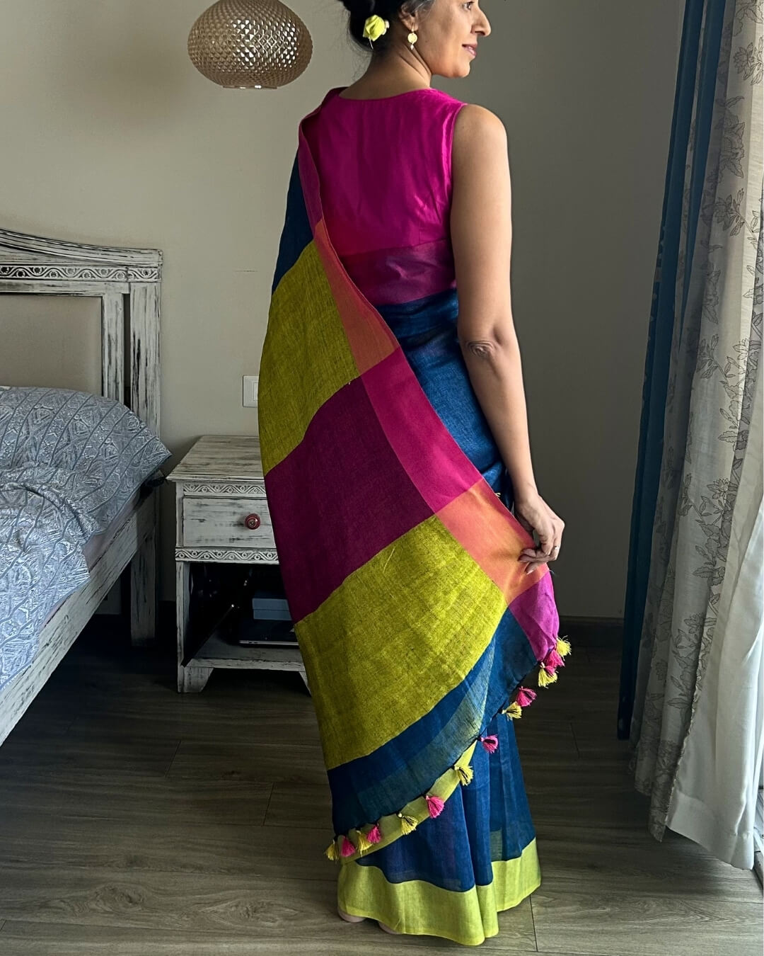 Lina Blue Pink Neon Green- Ganga Jamuna Linen Saree