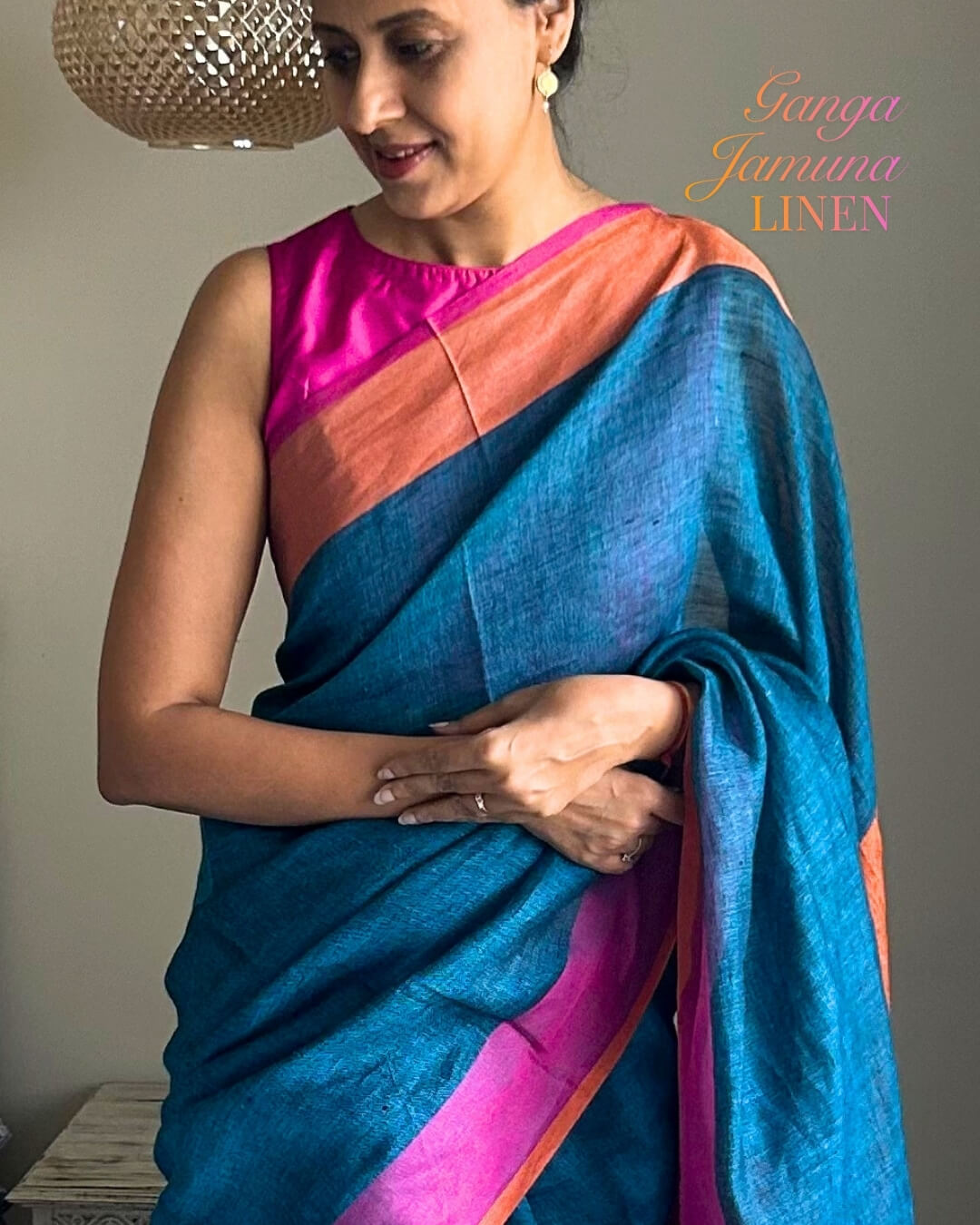 Elin Blue orange Pink - Ganga Jamuna Saree