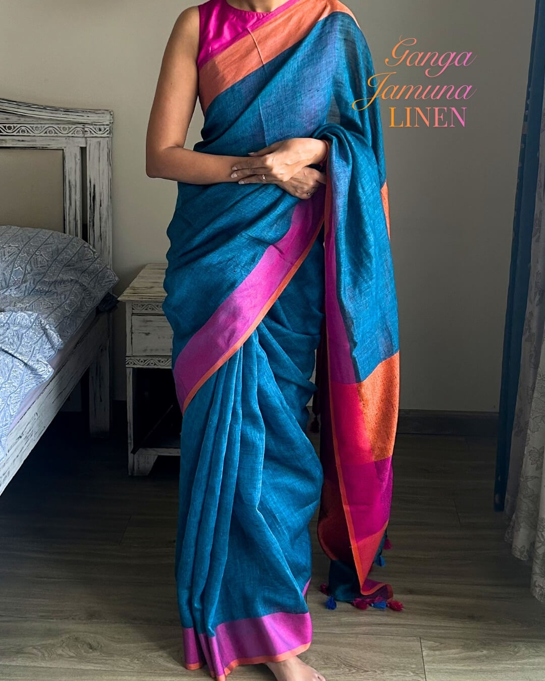 Elin Blue orange Pink - Ganga Jamuna Saree