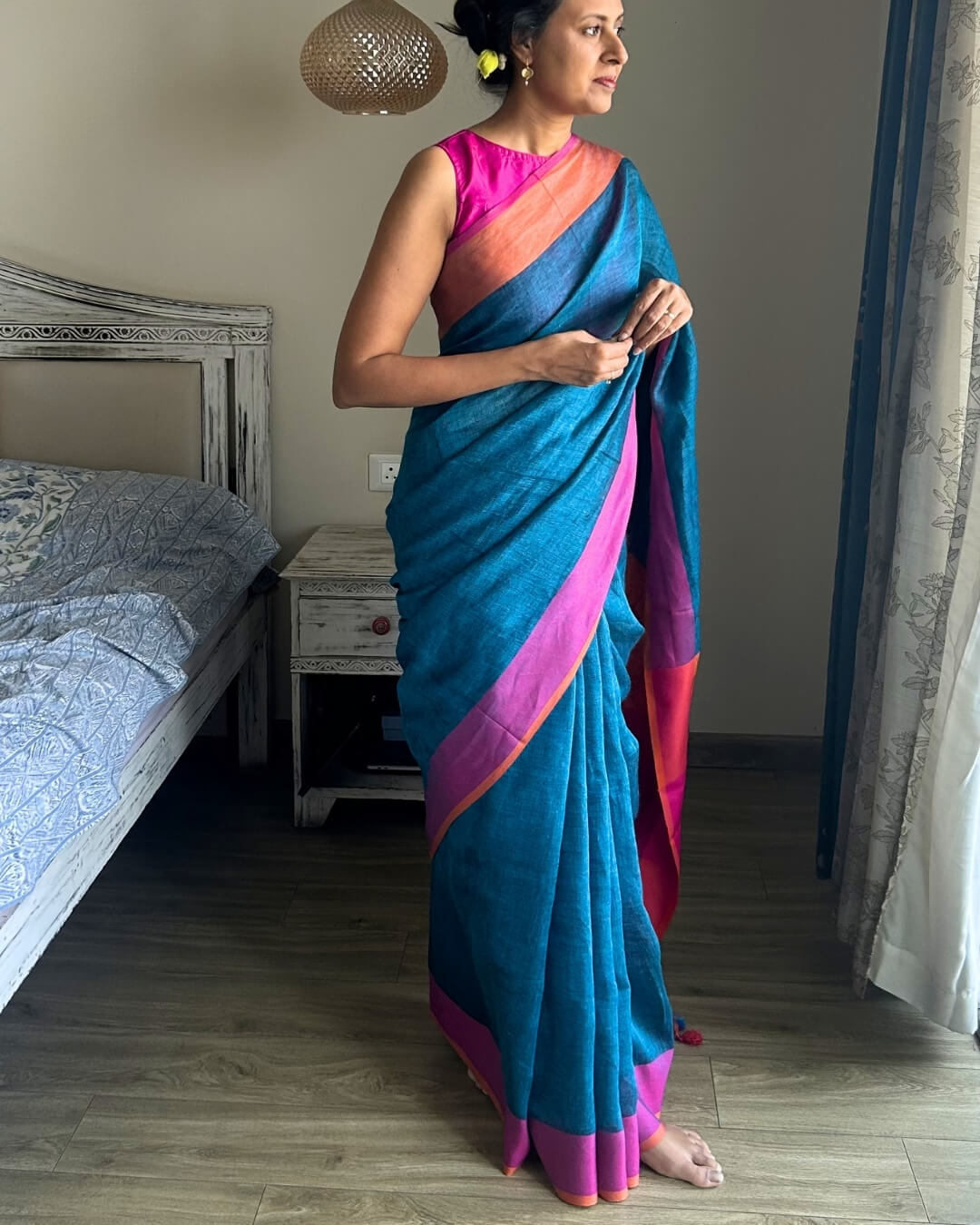 Elin Blue orange Pink - Ganga Jamuna Saree