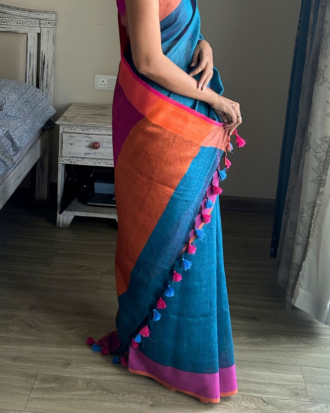 Elin Blue orange Pink - Ganga Jamuna Saree