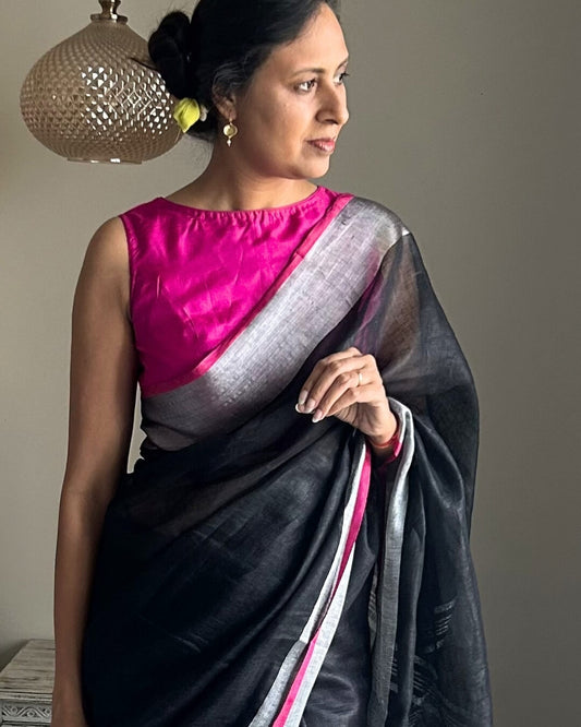 Thea Black Pink Linen Saree