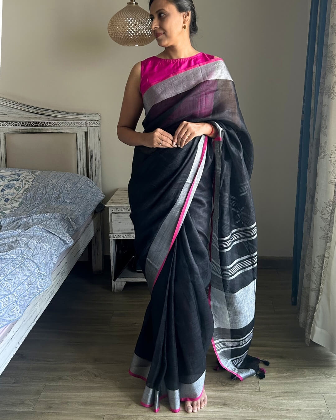 Thea Black Pink Linen Saree