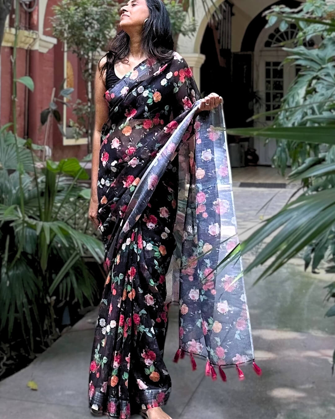Roses Black Linen Cotton Saree